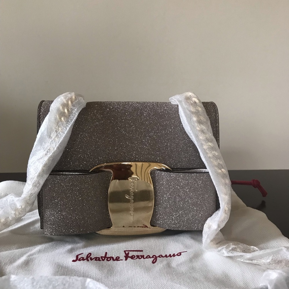 Salvatore Ferragamo Glitter Taupe Crossbody Bag with Gold Hardware